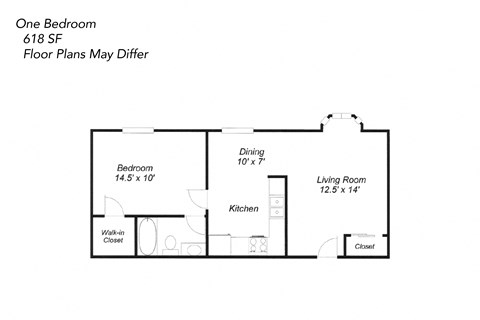 Floor plan for 1 bed, 1 bath, 562 sqft